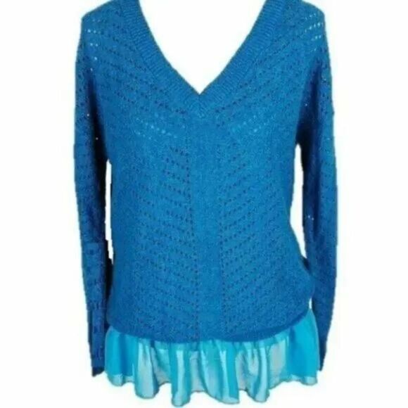 Prana Ellery Sweater Womens Small Mosaic Blue V-Neck Open Knit Ruffled Hem NWT - Picture 5 of 11